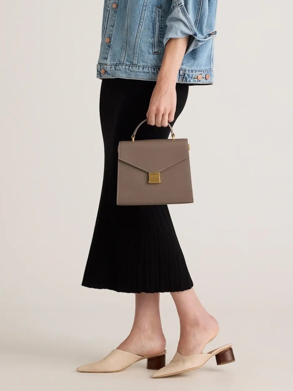 Quince Small Handle Crossbody Satchel w/ Detachable Strap Taupe Gold Hardware - Picture 3 of 16